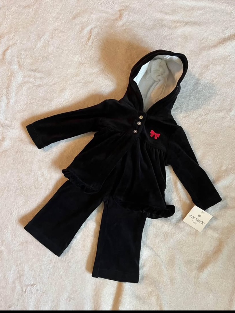 NWT Carter's Black Velour Hooded Two-Piece Set with Red Bow and button-details